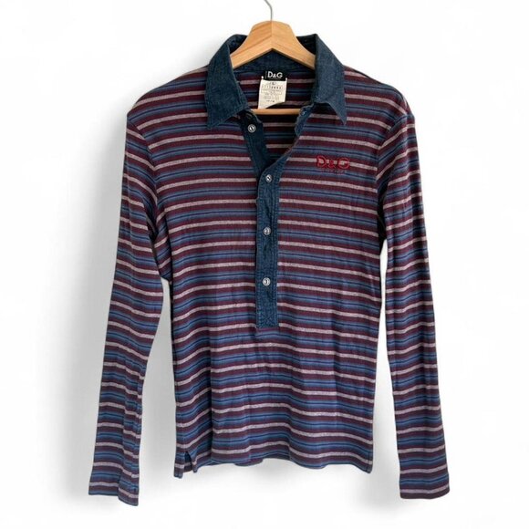 DOLCE & GABBANA LONG SLEEVE POLO TOP STRIPED BURGUNDY BLUE SIZE LARGE - Picture 1 of 8